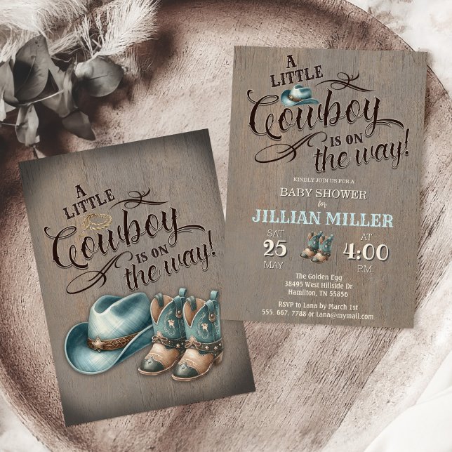 Invitación a Cowboy Boots de Wild West Baby Shower (A little cowboy is on the way boys baby shower invitation. Wild west rustic country )