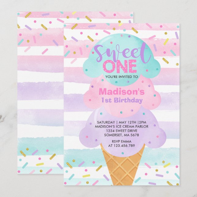 Invitación a crema de hielo dulce primer cumpleaño (Anverso / Reverso)