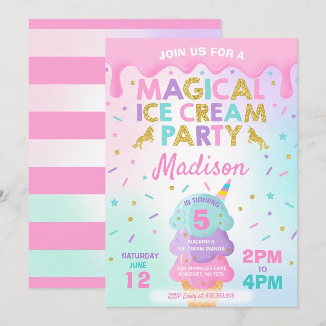 Invitación a crema de hielo Unicorn Crema Fiesta (Anverso / Reverso)