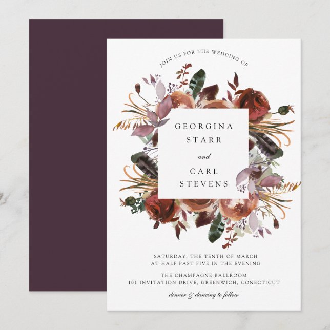 Invitación a cuadro Boda de mariposas y ciruelas (Anverso / Reverso)