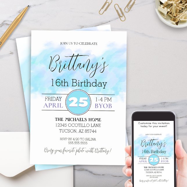 Invitación a cualquier cumpleaños del Aqua Blue 16 (Modern aqua blue and purple artistic 16th or any birthday party invitation with trendy script)