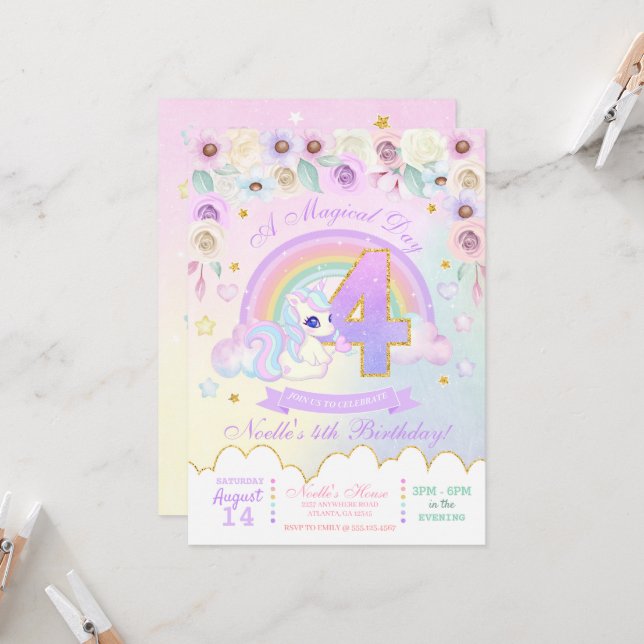 Invitación a cuarto cumpleaños de Pastel Rainbow U (Anverso/Reverso In Situ)