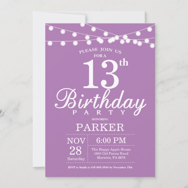 Invitación a cumpleaños 13 Lavanda Púrpura Lilac (Anverso)