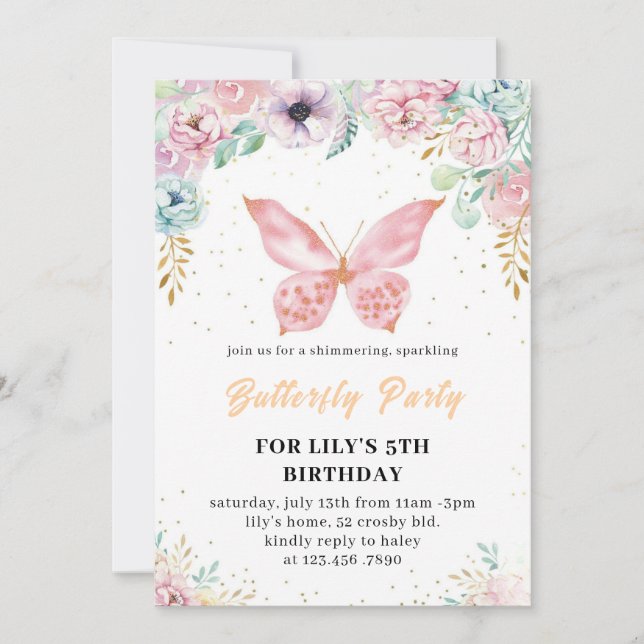 Invitación a cumpleaños 2025 de una mariposa purpu (Anverso)