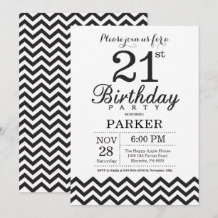 Invitación a cumpleaños 21 Chevron blanco y negro