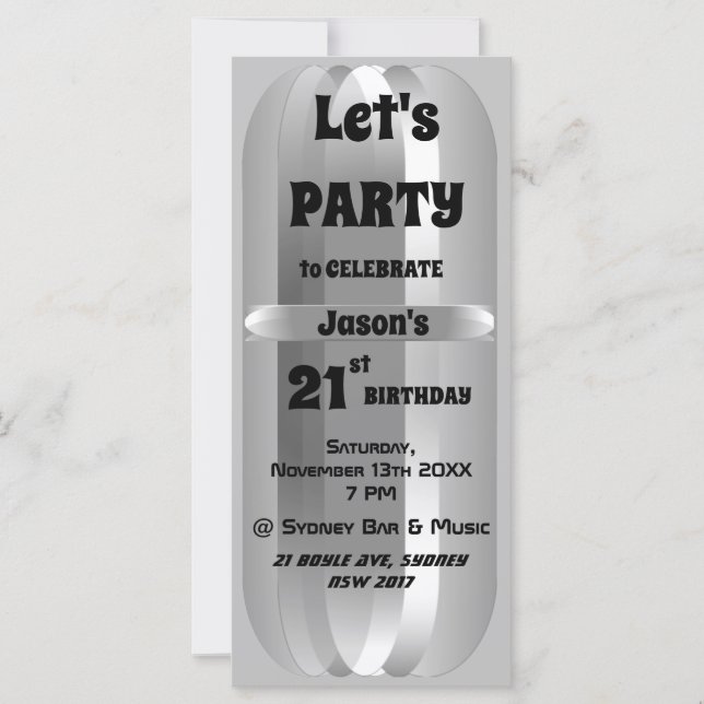 Invitación a cumpleaños 21 de Metallic Gray (Anverso)