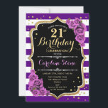 Invitación a cumpleaños 21 Oro púrpura con Rosas<br><div class="desc">Invitación de cumpleaños 21 para mujeres. Elegante diseño morado con falso oro purpurina. Tarjeta de invitación de cumpleaños adulto hito con franjas,  rosas púrpura y tipo de letra de guión. Perfecto para una elegante celebración de cumpleaños.</div>