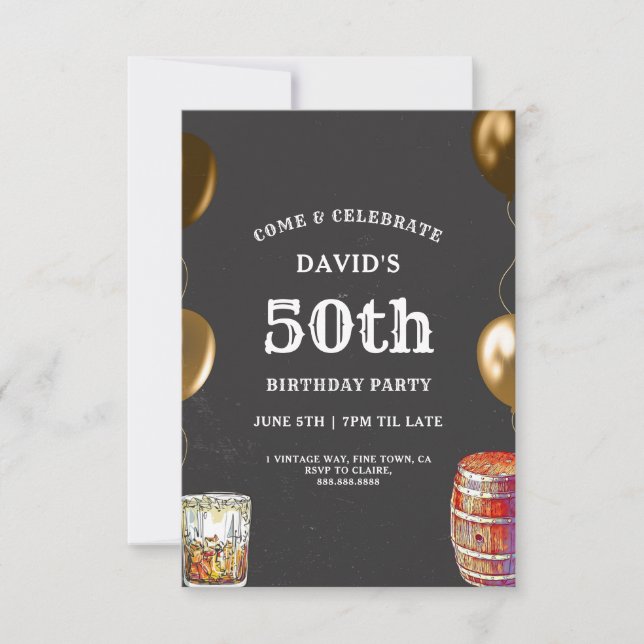 Invitación a cumpleaños 50 hombres Tema de Whiskey (Anverso)