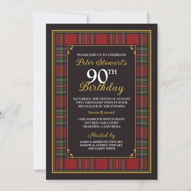 Invitación a cumpleaños 90 de Royal Stewart Tartán (Anverso)