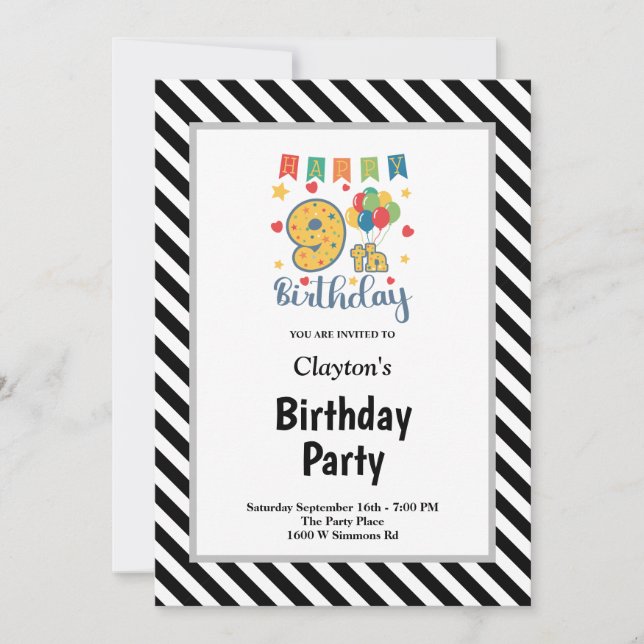 Invitación a Cumpleaños 9 años con Rayas en Blanco (Anverso)