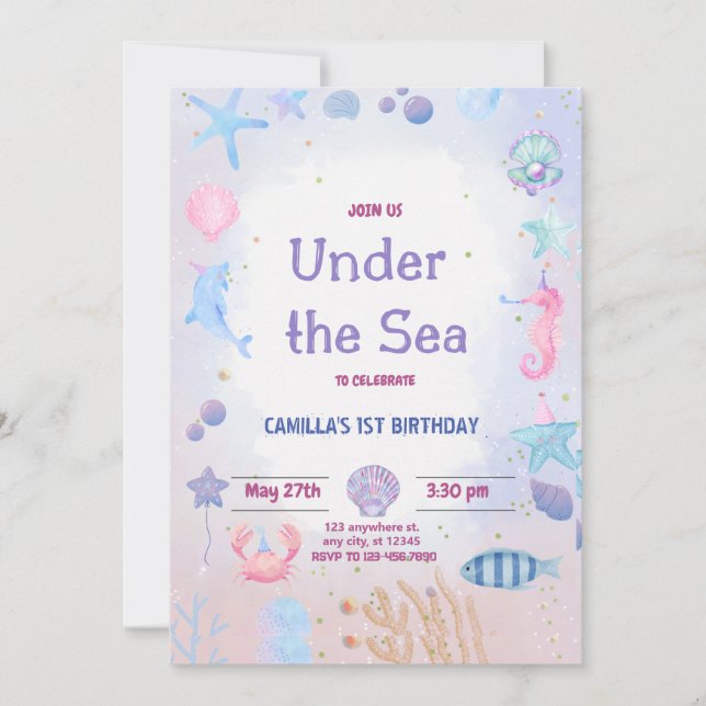 Invitación a cumpleaños bajo el mar imprimible (Anverso)