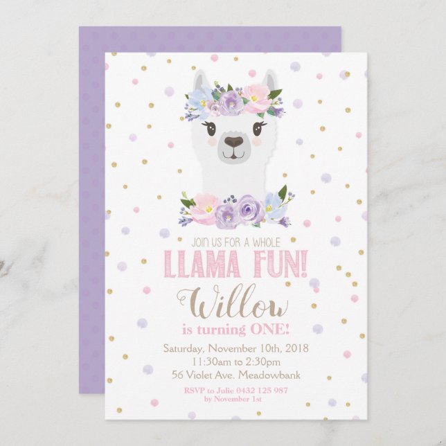 Invitación a cumpleaños Chica morado floral (Anverso / Reverso)