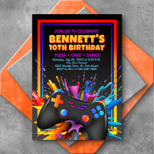 Invitación a cumpleaños colorida para videojuegos