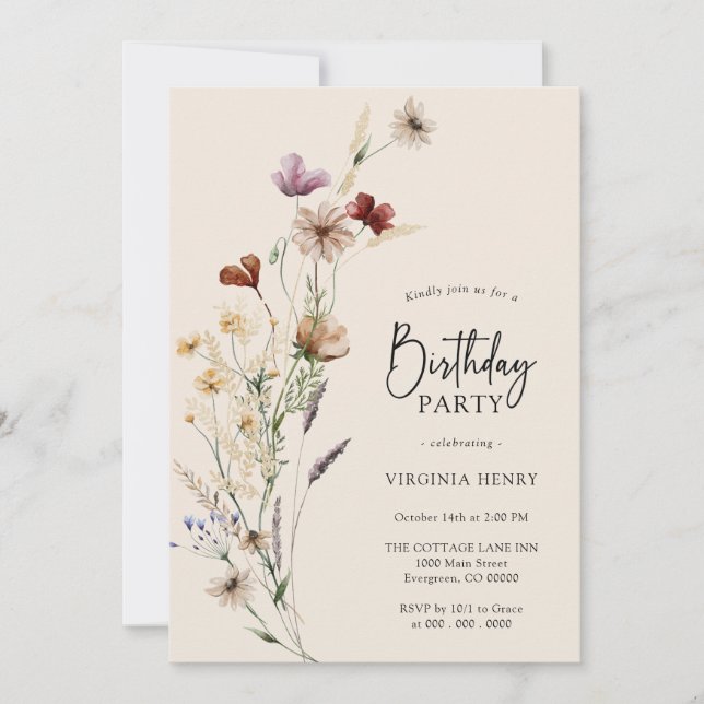 Invitación a cumpleaños con flores de Boho (Anverso)