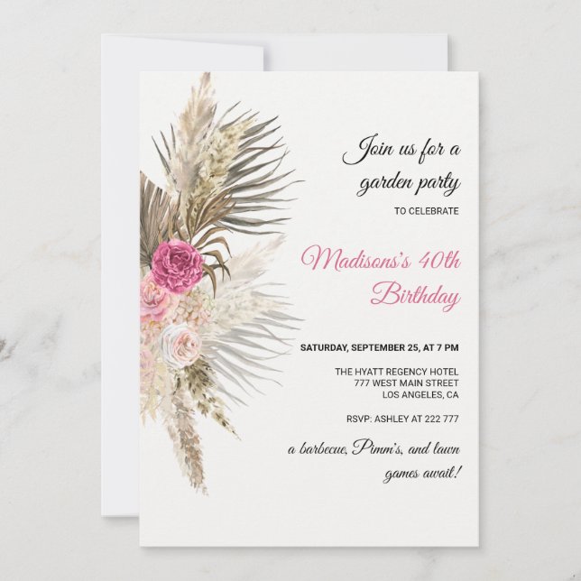 Invitación a cumpleaños con flores de Boho (Anverso)
