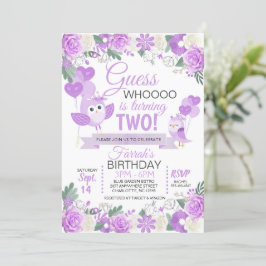 Invitación a cumpleaños con flores de búho morado