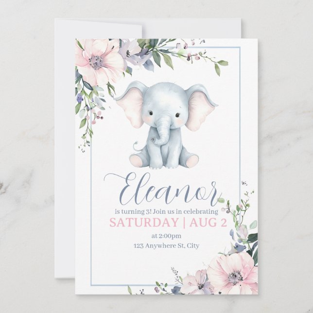 Invitación a cumpleaños con flores de elefante dul (Anverso)