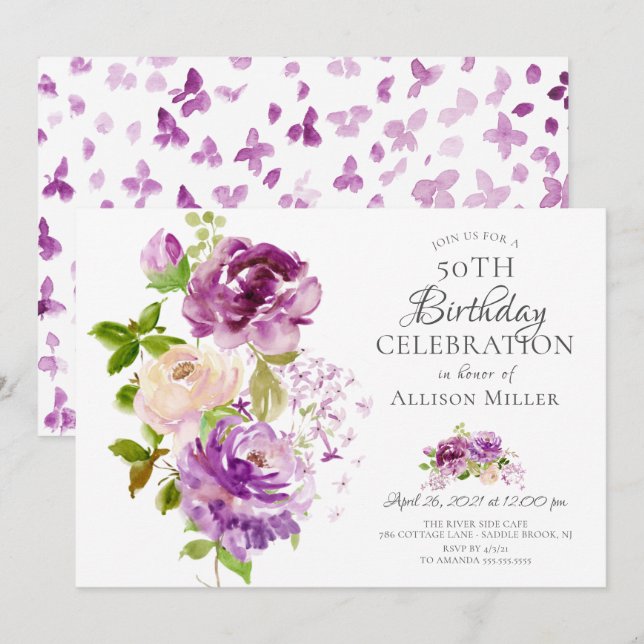 Invitación a cumpleaños con flores de Purple Peoni (Anverso / Reverso)