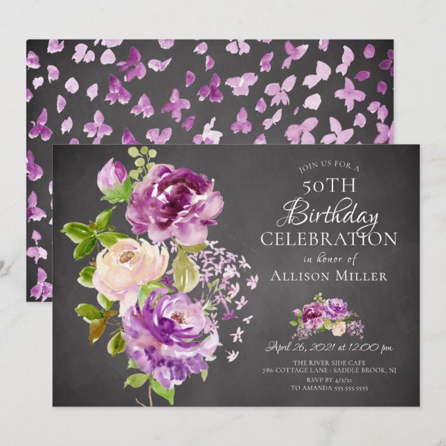 Invitación a cumpleaños con flores de Purple Peoni (Anverso / Reverso)
