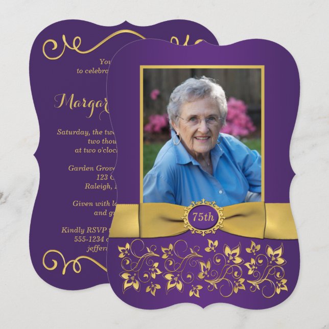 Invitación a cumpleaños con foto 75 púrpura y dora (Anverso / Reverso)