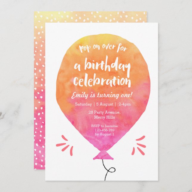 Invitación a cumpleaños con globo rosa amarillo (Anverso / Reverso)