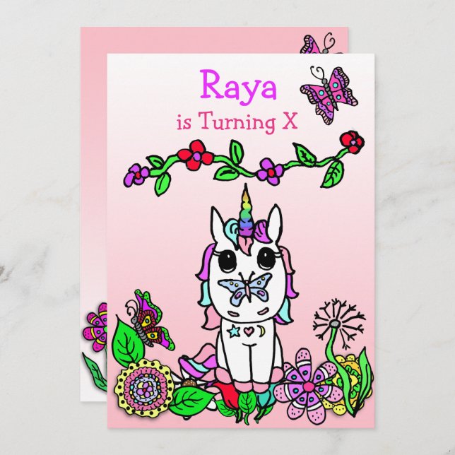 Invitación a cumpleaños con lindo unicornio, flore (Anverso / Reverso)