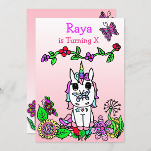 Invitación a cumpleaños con lindo unicornio, flore