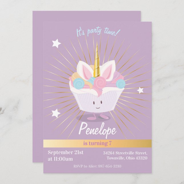 Invitación a cumpleaños con tarta unicornio (Anverso / Reverso)