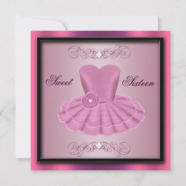 Invitación a cumpleaños con vestido de Fiesta rosa (Anverso)
