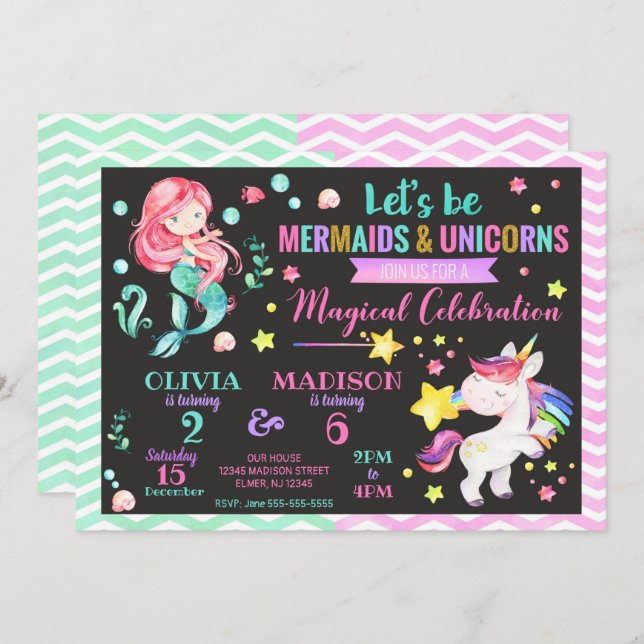 Invitación a cumpleaños conjunta de Sirena y Unico (Anverso / Reverso)