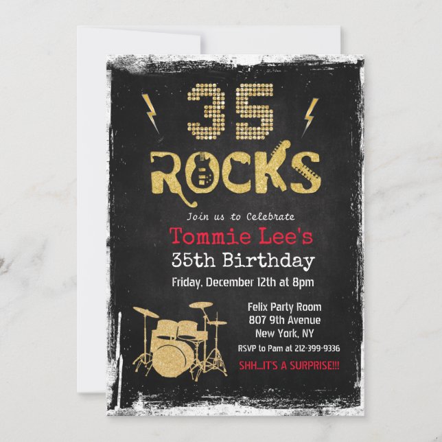 Invitación a cumpleaños de 35 Rocks Rock Star (Anverso)