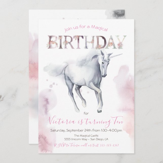 Invitación a cumpleaños de acuarelas con unicornio (Anverso / Reverso)
