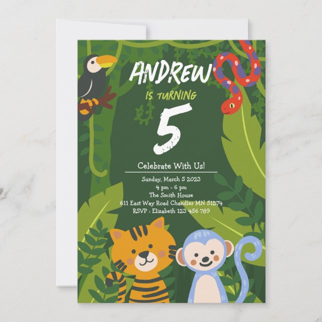 Invitación a cumpleaños de animales de la jungla t (Anverso)
