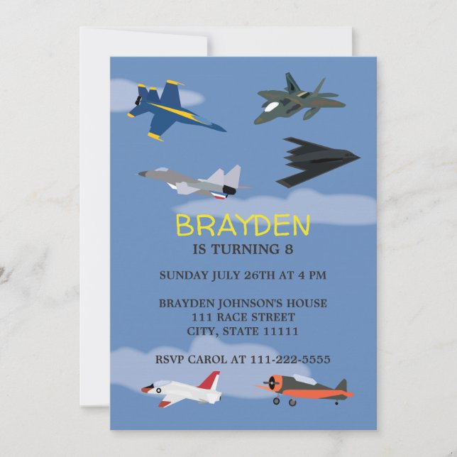 Invitación a cumpleaños de avión infantil (Anverso)