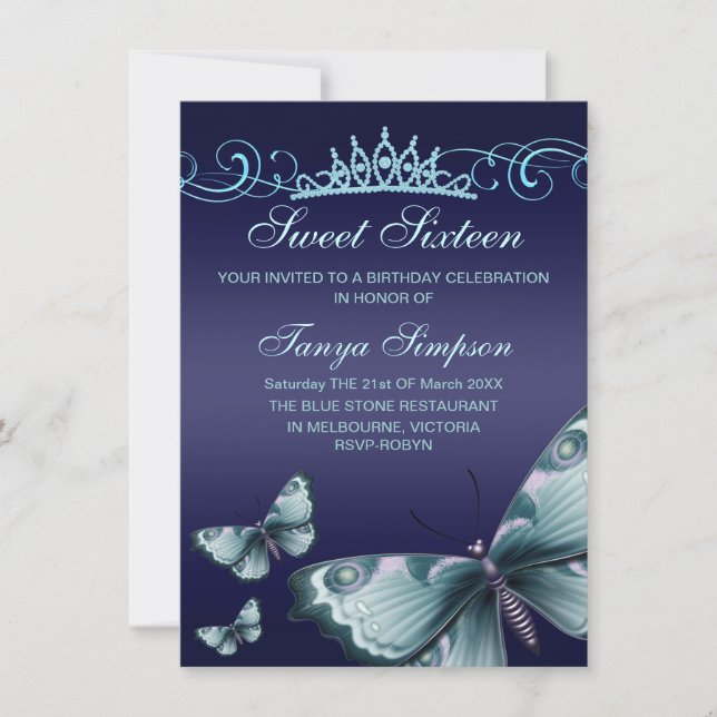Invitación a cumpleaños de Blue Sweet16 Butterfly  (Anverso)