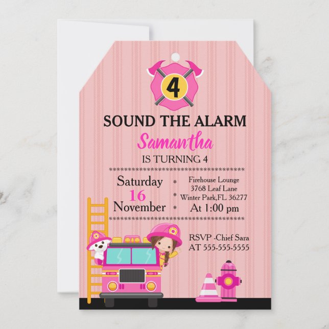 Invitación a cumpleaños de bombero rosa mate (Anverso)