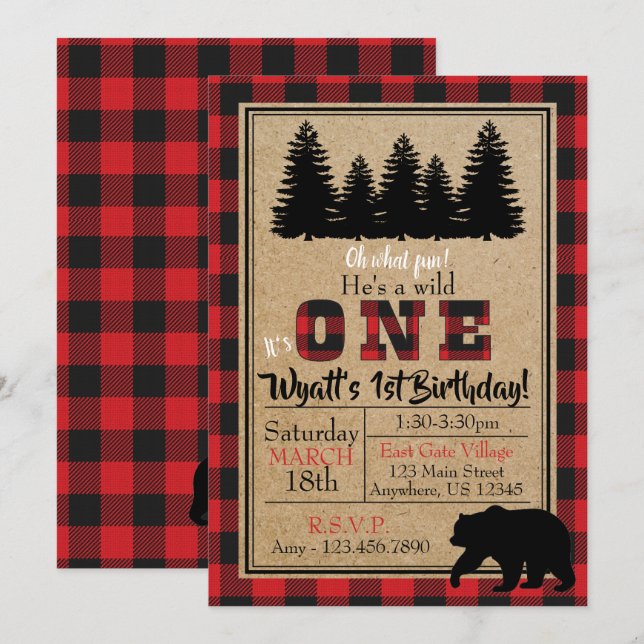 Invitación a cumpleaños de Buffalo Plaid (Anverso / Reverso)