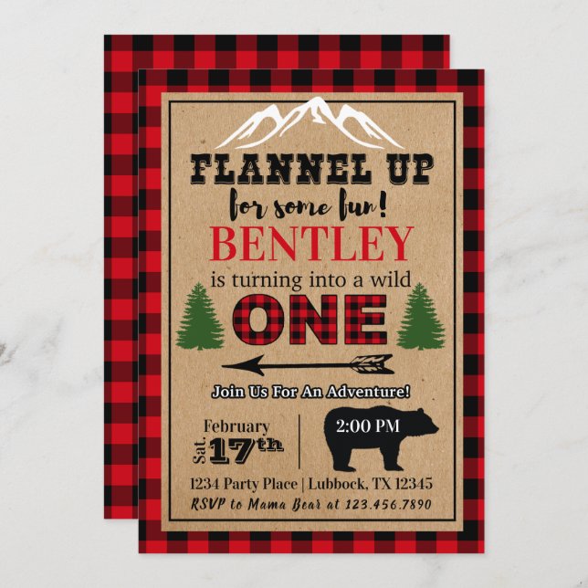 Invitación a cumpleaños de Buffalo Plaid (Anverso / Reverso)