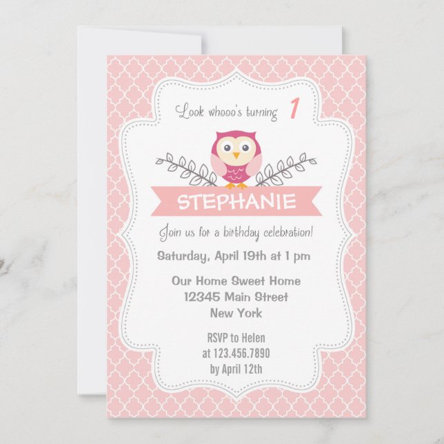 Invitación a cumpleaños de búho dulce ligero rosa (Anverso)