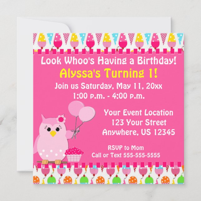 Invitación a cumpleaños de búho rosado (Anverso)