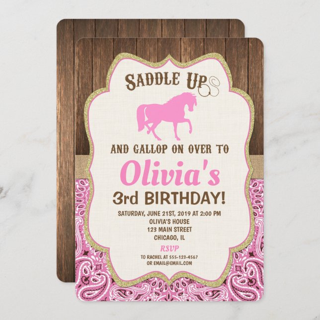 Invitación a cumpleaños de caballo chica rústico c (Anverso / Reverso)
