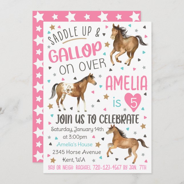 Invitación a cumpleaños de caballo, silla hacia ar (Anverso / Reverso)