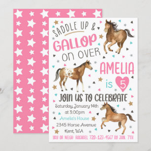 Invitación a cumpleaños de caballo, silla hacia ar