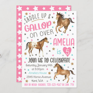 Invitación a cumpleaños de caballo, silla hacia ar