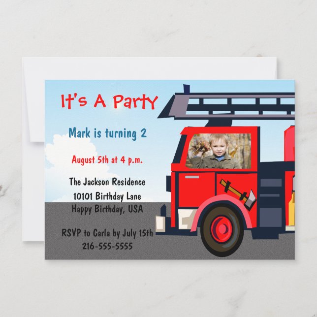Invitación a cumpleaños de camión de bomberos (Anverso)