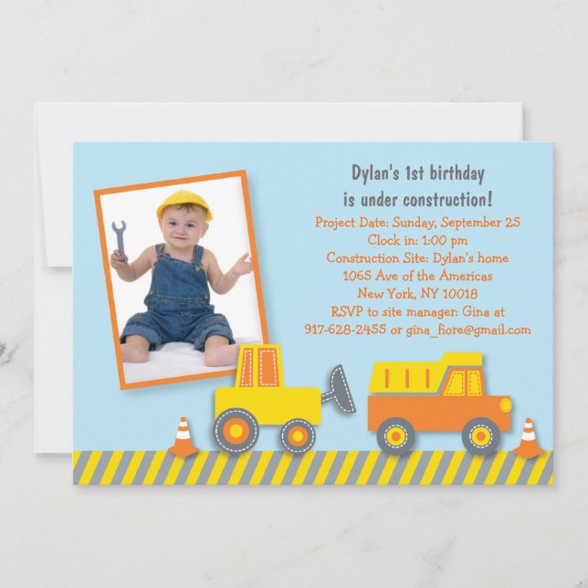 Invitación a cumpleaños de camión de construcción (Anverso)