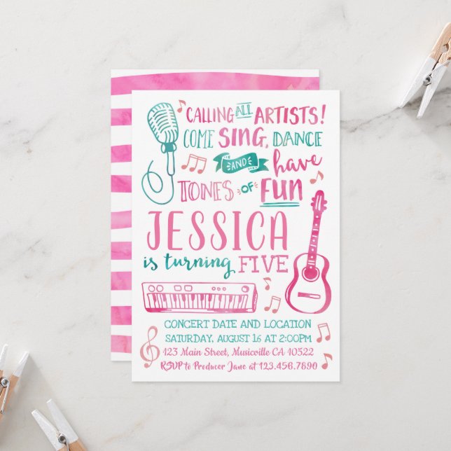 Invitación a cumpleaños de cantante de acuarela (Anverso/Reverso In Situ)