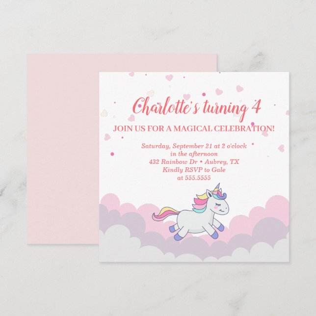 Invitación a cumpleaños de Chica de nube y unicorn (Anverso / Reverso)