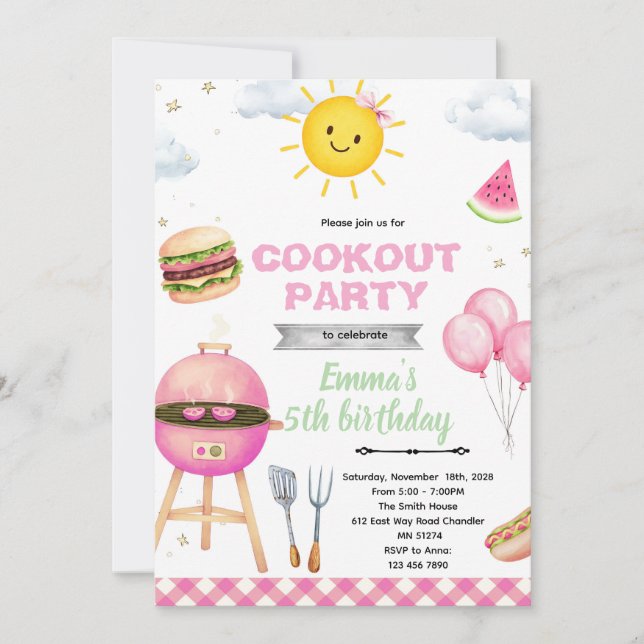 Invitación a cumpleaños de chica en parrillada (Anverso)