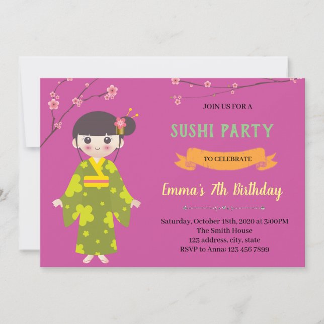 Invitación a cumpleaños de Chica japonés (Anverso)